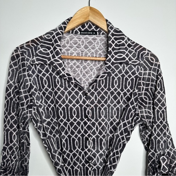 David Cline Geo Print Button Front Tie Belt Dress Size Medium - Picture 2 of 7